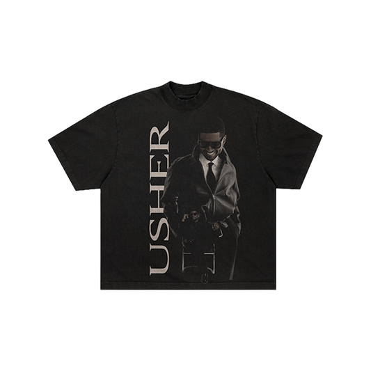 Black t-shirt with a graphic of Usher and 'Usher' text