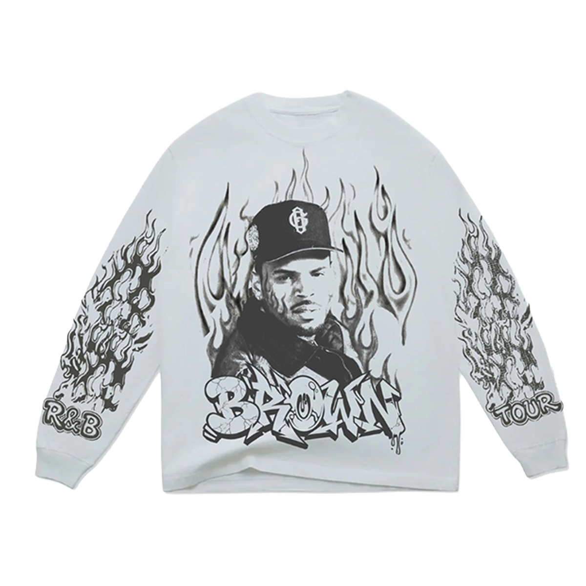 White sweatshirt with graphic design of Chris Brown wearing a cap and flames