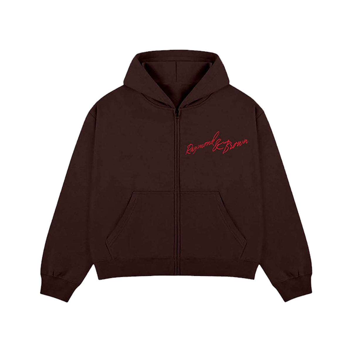 Brown hoodie with red Raymond & Brown text