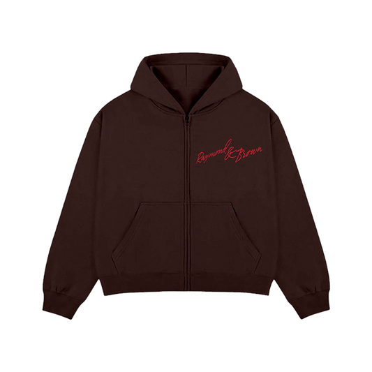 Brown hoodie with red Raymond & Brown text