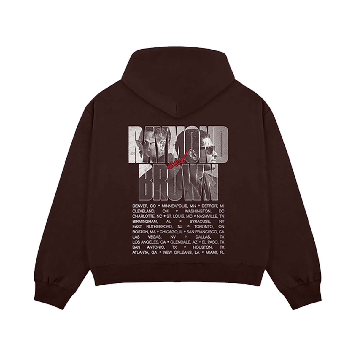 Brown hoodie with graphic design on the back with US tour dates
