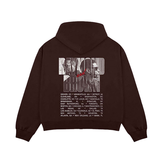 Brown hoodie with graphic design on the back with US tour dates